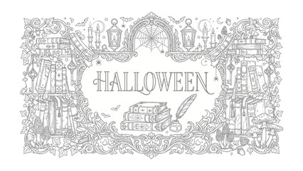 Fototapeta premium Halloween Decorative Frame: An intricate, monochrome illustration for Halloween, featuring a decorative frame composed of vintage books, spooky motifs like bats and spiders.