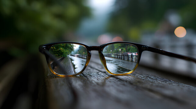 Eyeglasses on a wet wooden railing showing sharp, clear vision of a rainy road and trees with a beautiful bokeh blurred background, representing focus and perspective.
