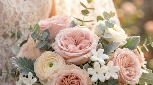 Elegant Bridal Bouquet with Soft Pink Roses and White Flowers
