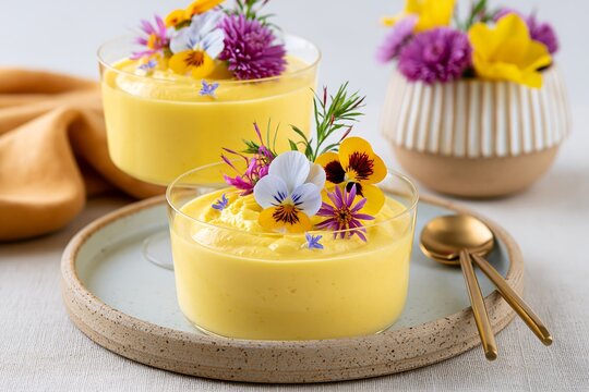 Minimal mango mousse with edible flower garnish, creamy neutral tones, premium dessert styling
