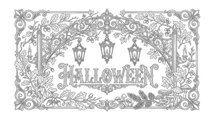 Spooky Halloween Invitation Frame: Ornate, vintage-style decorative border with lanterns, leaves, and flourishes framing the word Halloween in elegant script, evoking a sense of mystery and festivity.