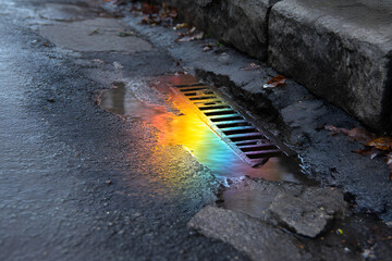 Obraz premium Vibrant rainbow reflection on wet asphalt pavement next to a street storm drain, showing colorful oil sheen in a puddle.