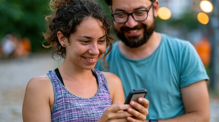 Fototapeta premium Personal trainer and client reviewing wellness goals on wearable device in park