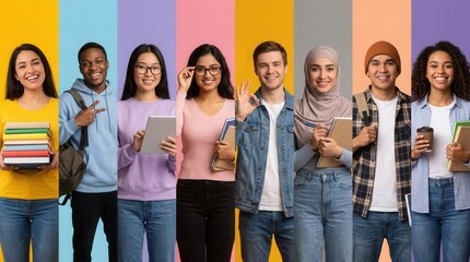 Obraz premium Diverse students appearing in a collage against a multi-color background
