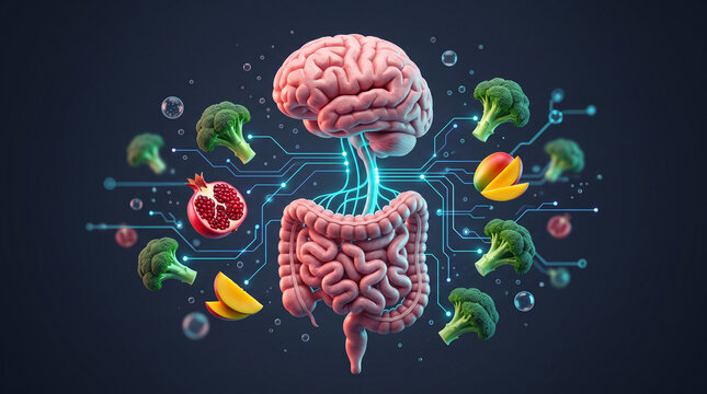 Conceptual illustration of the gutbrain axis connection with healthy food items like broccoli, pomegranate, and mango, representing nutrition and mental health