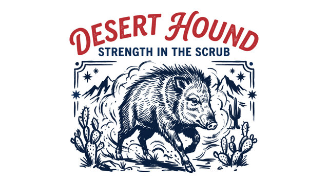 Vintage Wild Boar Javelina Desert Hound Graphic Illustration with Cactus and Mountains for T-shirt Design Print and Apparel Merchandise