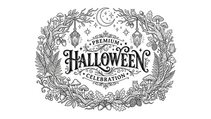 Halloween Celebration Wreath: An intricate, hand-drawn illustration of a Halloween celebration wreath, featuring a crescent moon, stars, lanterns, mushrooms, and oak leaves. © Ayesa