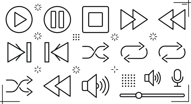 Media player buttons icons set with play pause stop fast forward rewind shuffle repeat volume and microphone elements