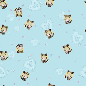 Seamless pattern with cute cat girl characters on mint green isolated on transparent background, Vector