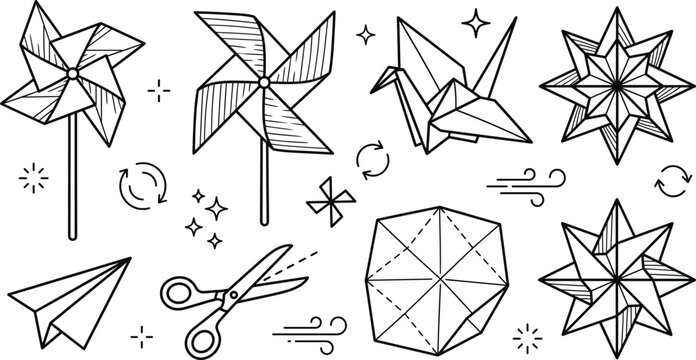 Paper craft origami line icon vector set featuring pinwheel crane star airplane scissors fortune teller and wind elements