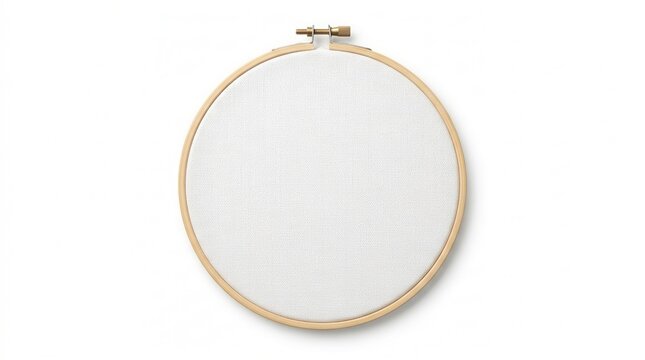 Isolated white background with a wooden embroidery hoop and canvas