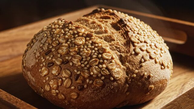 Close-up of a rustic artisan bread loaf on a wooden tray, showing texture and detail for food and culinary concepts