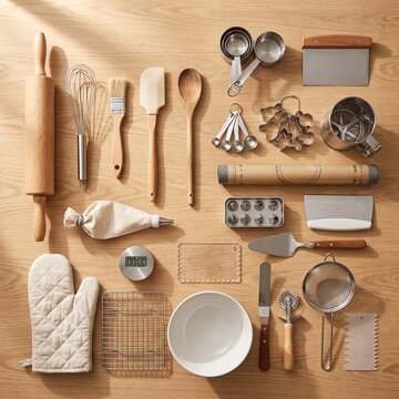 Professional baking tools laid flat wooden stainless steel and silicone utensils for pastry chefs