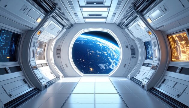 Futuristic spaceship interior with Earth view from window - Sci-fi space station corridor
