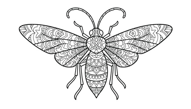Detailed bee mandala coloring page for adults featuring highly detailed patterns and symmetry on the body and wings of the insect.