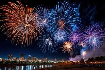Obraz premium Fireworks over river and city skyline at night