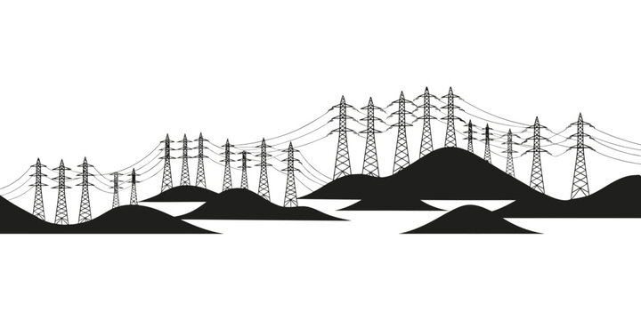 Voltage transmission towers silhouette against a white background, voltage towers electricity pylons