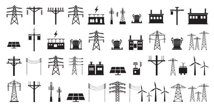 Set of 50 electric and electronic symbols on white background, electric symbols circuits transistors