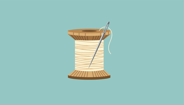 Simple flat illustration depicts a wooden spool of beige thread with a sharp sewing needle tucked into the side on a plain blue background.