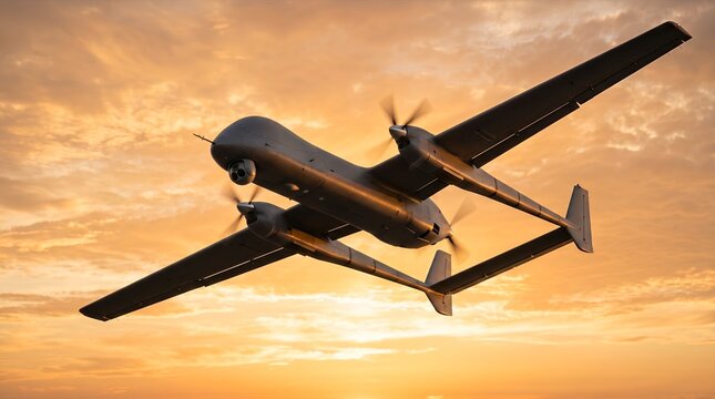 Heavy twin-engine military drone flying in warm golden hour sunlight during evening border patrol mission