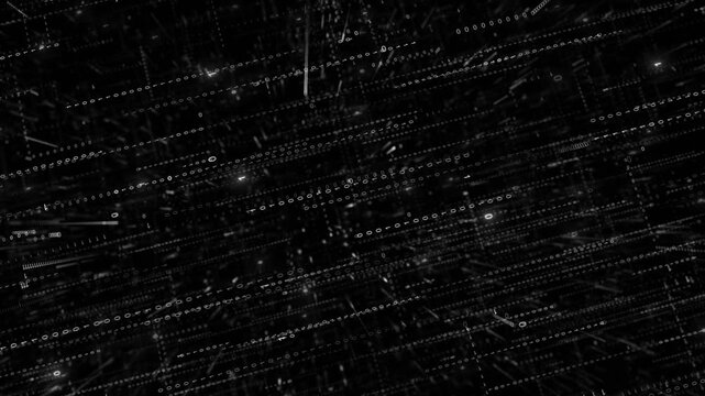 Monochrome code stream tech visual with white symbols, dark layered data paths, and abstract cyber motion. Perfect for security reports, software videos, hacking titles, and digital overlays.