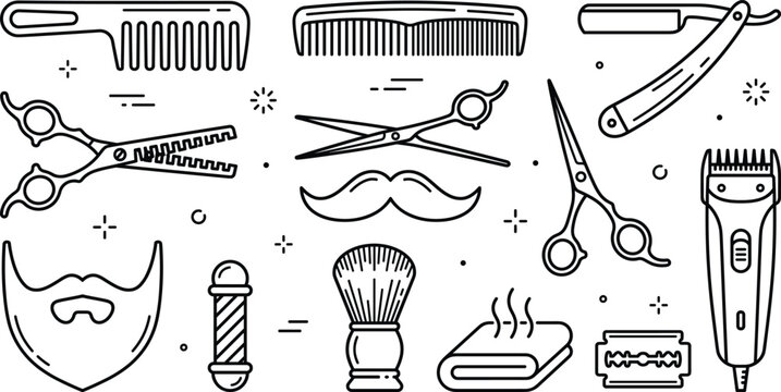 Barber shop line icon vector set featuring scissors comb razor mustache beard trimmer brush and grooming accessories