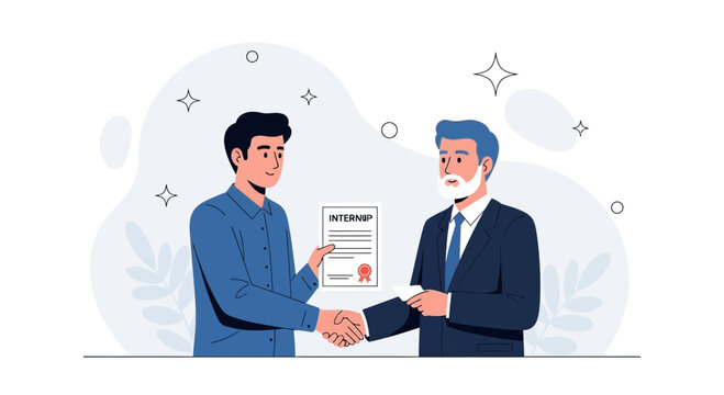 Two men shaking hands, one giving an internship certificate to the other, representing career opportunities and professional growth.
