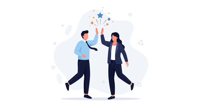 Two professionals celebrating success with a high five, stars exploding above them, vector illustration.