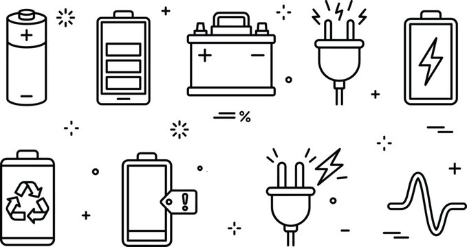 Battery and electricity power line icon vector set featuring charging accumulator car cell plug and recycle energy
