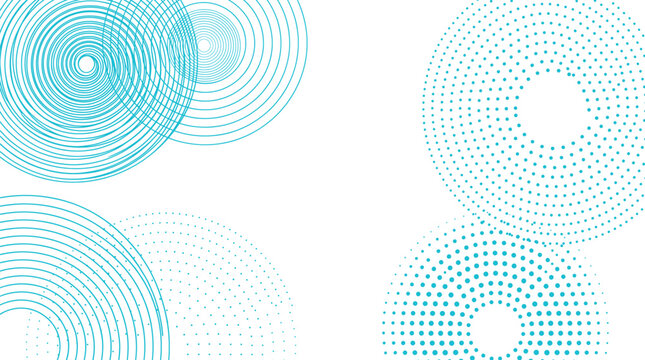 Concentric circles and semi-circles with small dots in a clean teal and white minimalist graphic design