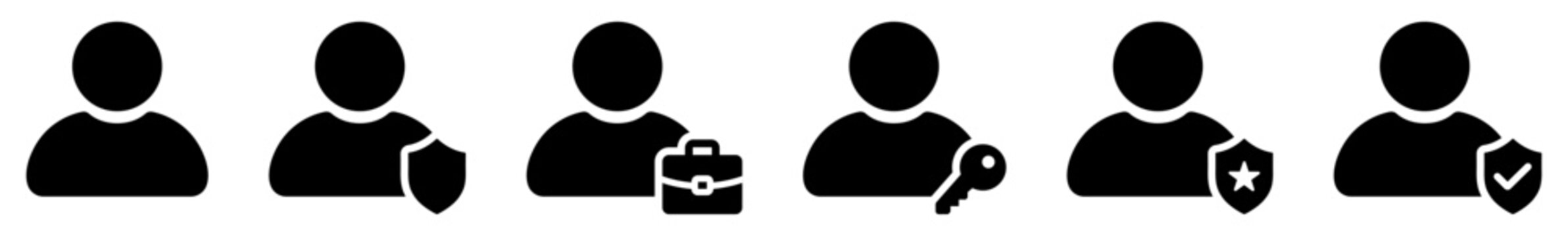 User role and access icon set in solid black style. Account management icons for administrators, managers, staff, guests, web and mobile interfaces, dashboards and applications.