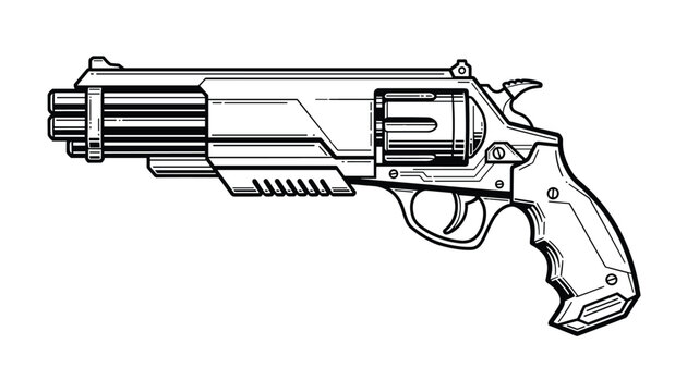 Detailed line art drawing of a futuristic high tech revolver handgun showing intricate mechanical parts and a sci fi aesthetic.