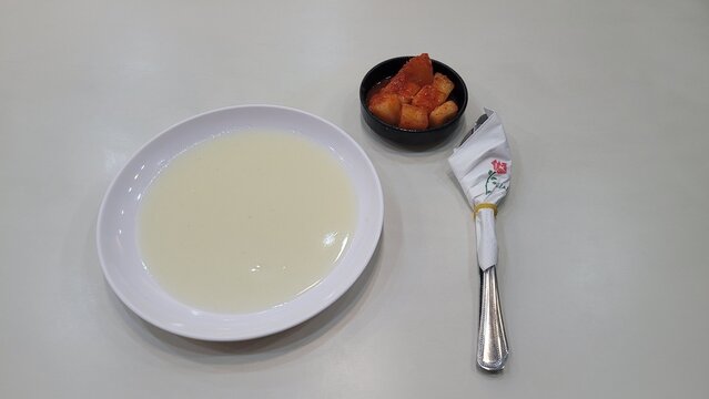 South Korean Food Soup and radish kimchi for Old-Fashioned Pork Cutlet