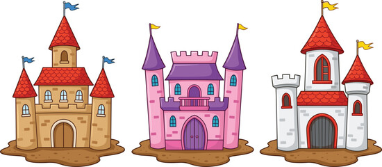 Fairytale Castle Vector Set Featuring Cartoon Medieval Fortresses and Pink Princess Palaces with Towers and Flags for Children Storybook Illustration Designs