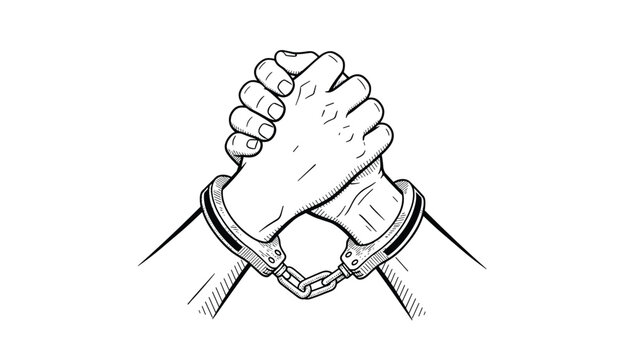 Powerful image of two hands locked in a firm handshake while both wrists are bound by heavy metal handcuffs representing unity.