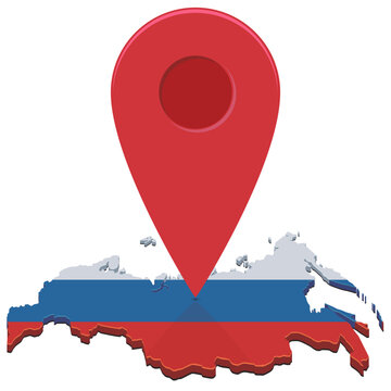 3D isometric map of Russia with national flag and large red map pin marker symbolizing location, national territory, destination, and geopolitical positioning. (cut out)