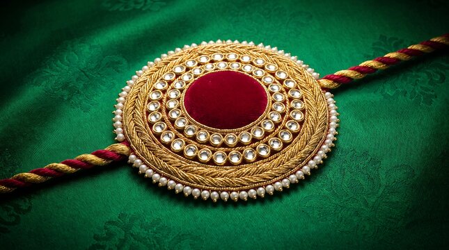 Traditional Ornate Kundan Rakhi on Green Silk Fabric for Raksha Bandhan