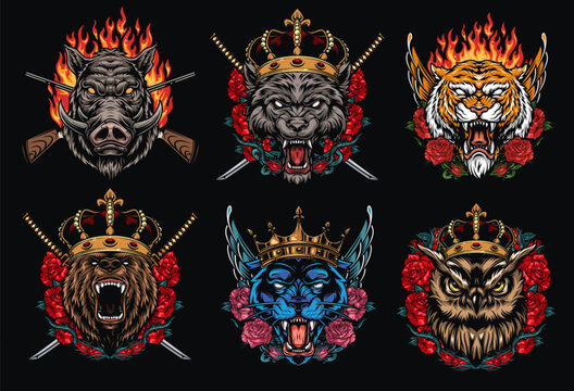 Crowned animal heads
