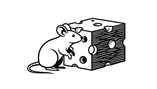 Curious little mouse stands next to a large wedge of swiss cheese with many holes in a detailed black and white line art drawing.