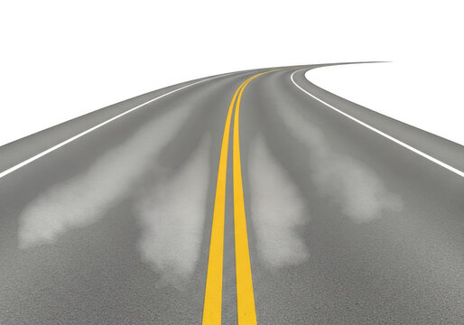 Asphalt road with yellow lane markings curving into the distance isolated on transparent background