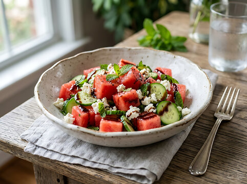 Fresh watermelon and cucumber salad with feta cheese and balsamic glaze served in a rustic bowl.