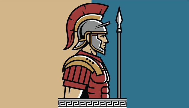 Profile illustration of a brave Roman soldier wearing traditional armor and a crested helmet while holding a long spear against a split background.