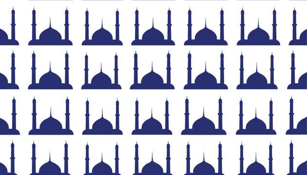 Seamless geometric pattern featuring dark blue silhouettes of mosques with minarets repeated on a clean white background.