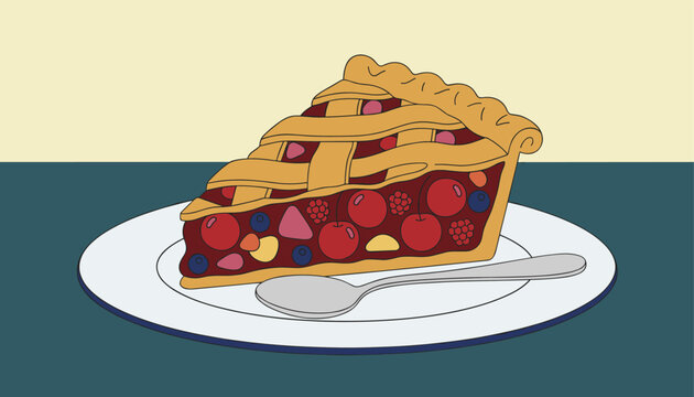 Delicious slice of berry pie filled with cherries and raspberries sits on a plate with a spoon on a two-tone background.