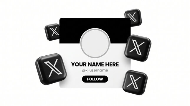 3D X Twitter Social Media Profile Interface Mockup Template with Floating Glossy X Logo Icons. Customizable User Account Page featuring Follow Button, Name, Username and Avatar Circle Placeholder.