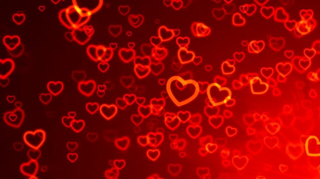 Romantic red hearts flying motion background with glowing bokeh light loop