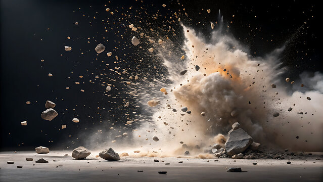 High-impact explosion with debris and smoke in slow motion. Dynamic blast wave captured mid-air for action-packed visuals.