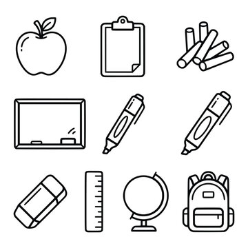 Line art school essentials set featuring apple clipboard chalk globe eraser ruler backpack and marker for study programs.