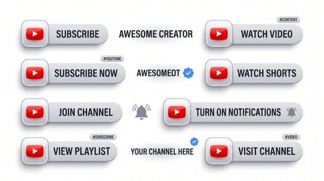 3D Modern YouTube UI Kit for Creators. Set of Subscribe, Watch Shorts, and Notification Bell Buttons. Social Media Channel Interface Mockup with Join, Playlist, and Video Player Web Icons. 3D Logo.