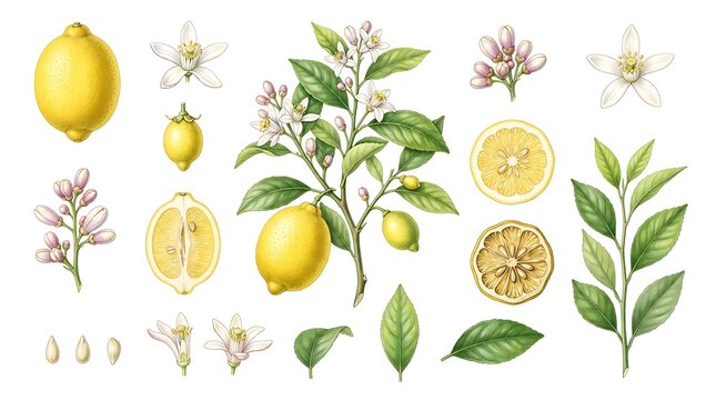 Watercolor lemon botanical set. Citrus fruit and flowers isolated on white background.